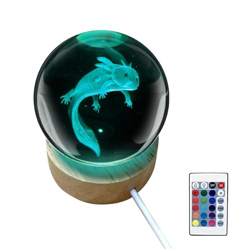 Axolotl Kristallkugel-Nachtlicht, 3D-Axolotl-Glaskugel-Nachtlampe mit Holzsockel, 6/8 cm, Axolotl-Kristallkugel-Lampe, 16 Farben, mit Fernbedienung, für Schlafzimmer, Wohnzimmer, Tischplatte (S)
