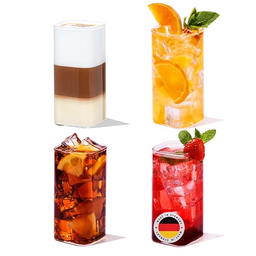 H E L P Y 4x Eckige Premium Gläser - Trinkglas - Transparent - Quadratisch - Hochwertiges Borsilikatglas - Wasser, Cocktail, Saft, Eiskaffee, Eistee, Long Drink, Smoothie, Glas (330ml)