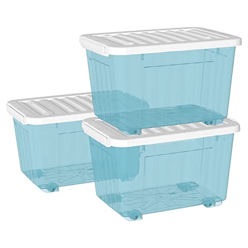 Cetomo 80L*3 Kunststoff-Aufbewahrungsbox Transparent Blau Box Behälter mit haltbarem Deckel und Sicherheitsverschluss stapelbar und verschachtelbar 3-Packs mit Verschluss