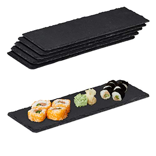 Relaxdays 12 x Schieferplatte, längliche Servierplatten aus Schiefer, Servieren & Beschriften, 30x10 cm, Sushi Platte, anthrazit