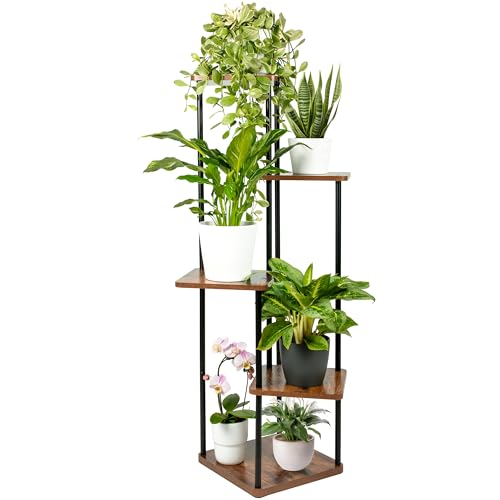 TTL HOME Blumenständer TOWER - 5 Etagen 105 cm hoch Pflanzenständer Design Holz Eiche & Metall schwarz - innen Deko für Wohnzimmer Blumen Ständer & Regal Pflanzenregal Blumenregal Blumentreppe