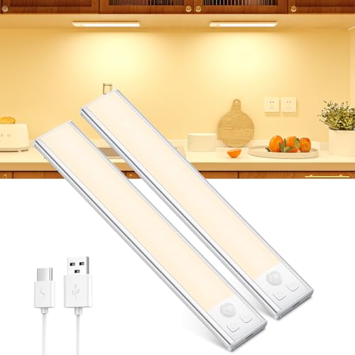 OUILA Schrankbeleuchtung LED mit Bewegungsmelder Unterbauleuchte Küche LED USB-C wiederaufladbar LED-Licht Dimmbar kabellos Nachtlicht für Küche Kleiderschrank Schrank 20.5CM 2 Stück