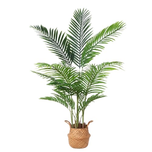 Ferrgoal Kunstpflanze Areca Palme mit Seegras Korb 140cm Plastik Künstliche Pflanzen Groß im Topf Kunstpalme Deko Badezimmer Wohnzimmer Schlafzimmer Balkon(1 Stück)