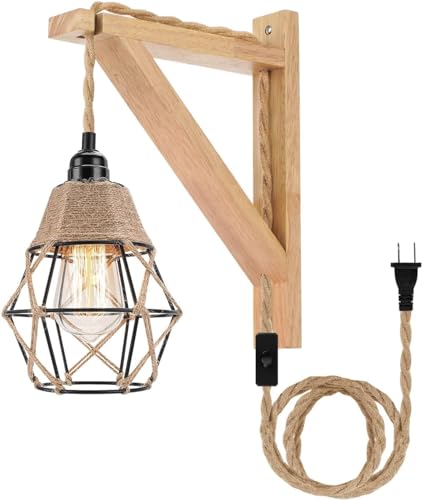 Lightess Lampe Vintage Wandleuchte Retro Wandbeleuchtung aus Metall und Holz Vintage Wandlampe mit Stecker E27 Industrial Wandlampe für Wohnzimmer Schlafzimmer Treppen (Ohne Glühbirne)