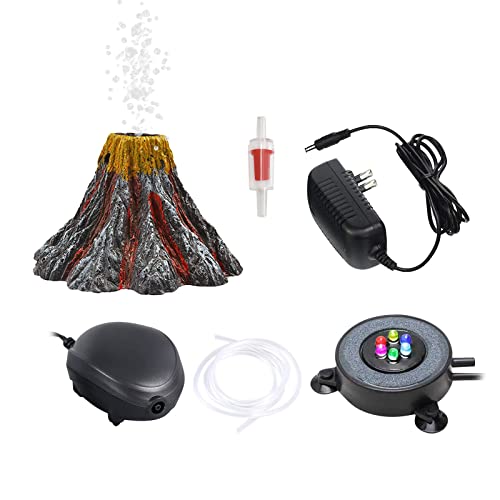 YWNYT Aquarium Vulkan Ornament Kit mit Luftpumpe, Bunte LED Licht Luft Stein Luft Blaser Dekoration für Fischtank, Aquarium Ornament Fisch Tank Decor