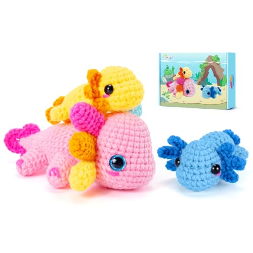 Häkelset für Anfänger, Axolotl Häkelset für Erwachsene und Kinder, Stricksets, komplettes Häkelset mit Schritt-für-Schritt-Video-Tutorials, 3-teiliges Axolotl-Häkeltier-Set, Überraschungsgeschenk