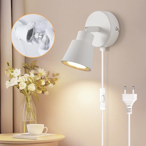 TaFiCo Wandlampe mit Schalter und Stecker Weiß GU10 - Moderne 50W Wandleuchte Inner mit Schalter und Stecker Drehbar 350° für Schlafzimmer Wohnzimmer Korridor - Ohne Leuchtmittel