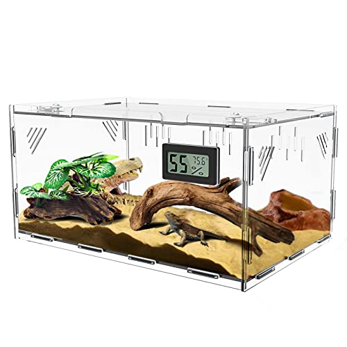 Reptilien-Terrarien, mit Temperatur-Hygrometer, 30 x 20 x 15 cm, Acryl, Reptilien-Zuchtbox, Terrarium-Käfig, Tank für kleine Reptilien, Insekten, Zuhause oder Büro