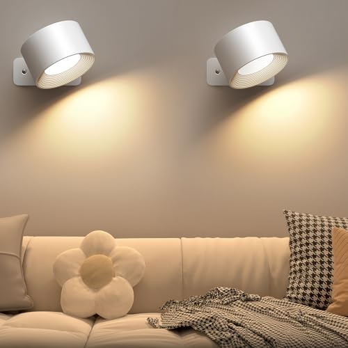 Mexllex Wandleuchte Innen 2 Stück, Wandlampe mit USB-Aufladung, 3 Farbe und 3 Helligkeitsstufen LED Wandleuchte Innen 360° Drehbare Touch Control Wandlampen Kabellose Wandleuchten (Weiss)