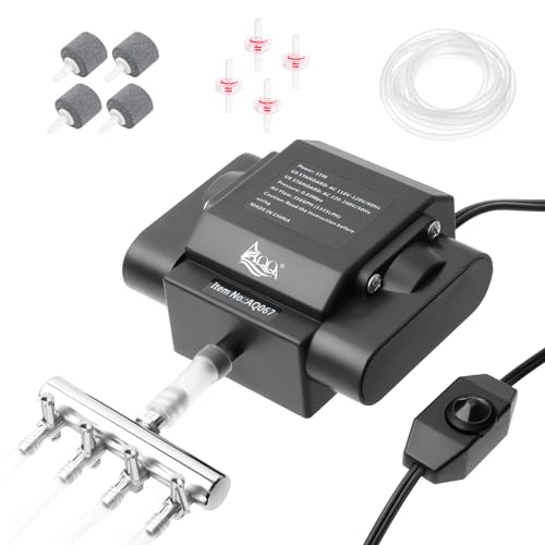 AQQA Aquarium Luftpumpe,Leistungsstarker 4 Ausgänge Aquarium Sauerstoffpumpe,15W Regelbare Sauerstoffpumpe für Aquarium,Leise Aquarium Belüfterpumpemit komplett Zubehör,bis zu 3800L