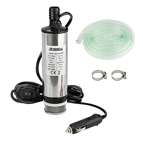 Edelstahl Transfer Pumpe 12V Φ51mm Wasserpumpe Tauchpumpe für Auto Diesel Öl Heizöl Wasser Kraftstofftransfer Pumpe mit Zigarettenanzünder, Herausnehmbarem Filter, 3m Kabel +PVC Transparenter Schlauch