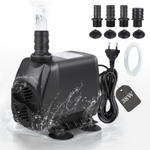 EXLECO Aquariumpumpe Tauchpumpen Förderpumpe 2000L/H 38W Wasserpumpe Fontäne Pumpe Filterpumpe Ultra Leise Springbrunnen Pumpe mit 2M Kabel 4 Düse Schlauch Stecken für Aquarium Brunnen Steingarten