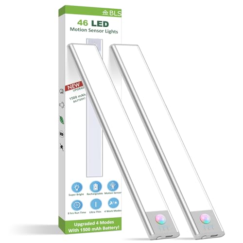 BLS Unterschrankleuchten, 46 LED-Lichter, batteriebetrieben, Bewegungsmelder, Licht für den Innenbereich, USB C, wiederaufladbar, Bewegungsmelder, 1500 mAh, kabelloses magnetisches Licht für Küche,