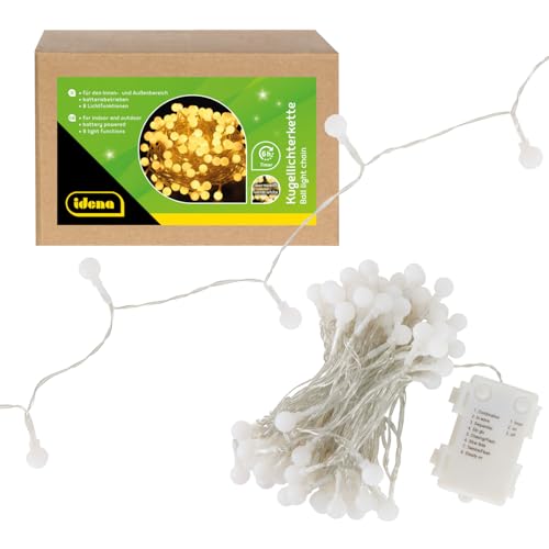 Idena 30523 - LED Kugel Lichterkette mit 100 LEDs in Warmweiß, für Außen & Innen, ca. 10,2 m lang, 6 Stunden Timer Funktion, 8 Lichtfunktionen, batteriebetrieben, als Party Deko, Weihnachtsdeko