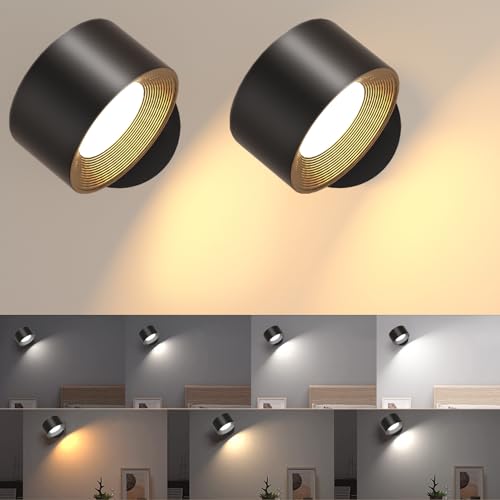 led wandleuchte innen 2 Stück,wandlampe Wandlichter ohne stromanschluss ,4 Helligkeitsstufen 3 Farbmodi Nachttischlampe akku , 360° Drehbare Touch Control Leuchten Für Kinder Wohnzimmer Schlafzimmer