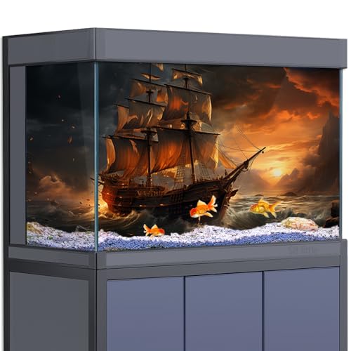 Aquarium-Hintergrund-Aufkleber, Sonnenuntergang, Boot, Seeschiff, HD, 3D-Poster, Dekoration, für Aquarien, Reptilienlebensraum (120 x 60 cm)