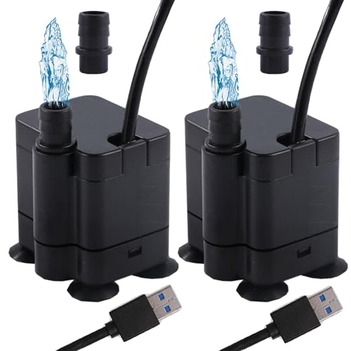 2 stück USB Mini Wasserpumpen(180L/H, 3W), Ultra Leise Aquarium pumpe mit hohem Hub, brunnenpumpe mit 1,5 m Netzkabel,für Aquarien, Teich, Brunnen, Statuen, Hydrokultur,Wasserpumpe Klein USB