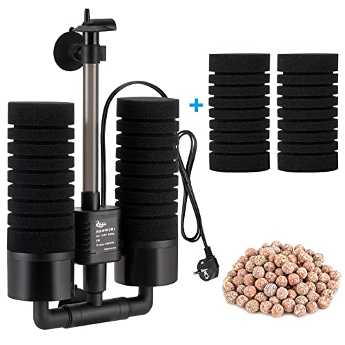 AQQA Aquarium Schwammfilter,3/5W Elektrischer Aquarium Filter,Leiser Tauchschaum Doppelschwammfilter für Biologische und Mechanische Filterung(S)