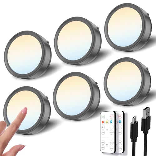 Dimmbar LED Spot mit Akku und Fernbedienung, Schwarz USB Aufladbar Vitrinenbeleuchtung Kabellos Magnet Unterbauleuchte Küche LED Rund Klebeleuchte Touch Lampe Batterie Schrankbeleuchtung zum Kleben