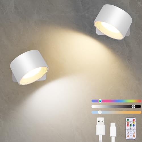 Diealles Shine LED Wandleuchte Innen 2 Stück, USB-C Wandleuchte Ohne Stromanschluss, Dimmbare Lampen Ohne Bohren, 360° Drehbare Magnetkugel, Touch Control und Fernbedienung, 19 RGB-Farben (Weiß)
