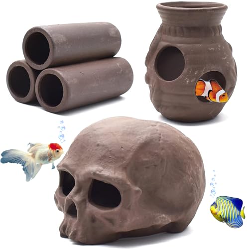 Yueser Aquarium Rock Cave Dekoration, 3 Stücke Zisha Mud Dekoration Schädel Dreiecksvase und kleine Löcher für Kleine Garnele Fisch Verstecken Aquarium Deko