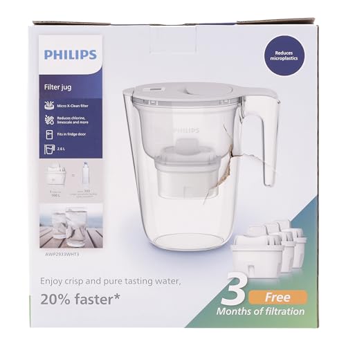 Philips Wasserfilterkanne +3 Micro X-Clean Ersatzfilterkartuschen, schneller Durchfluss, Weiß, 2,6 Liter, elektronischer Timer