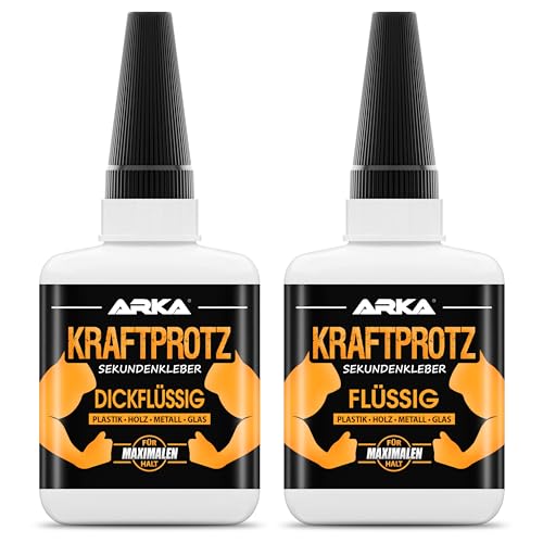 2x 50 g Sekundenkleber extra stark | MIX-SET Flüssig + Dickflüssig | Inkl. Anti-Austrocknungs-Spitze | KRAFTPROTZ | Superkleber | Zum Kleben von Plastik, Kunststoff, Glas, Holz, Stein, Metall uvm.