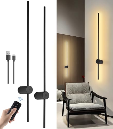 LED Wandleuchte Akku, 6W USB-C Aufladbare Innen Wandlampe Schwarz 100CM, Dimmbar 3 Farbmodi mit Fernbedienung, 360° Drehbare, für Wohnzimmer Schlafzimmer Treppenhaus, Kabellose Wandleuchten 2 Stück