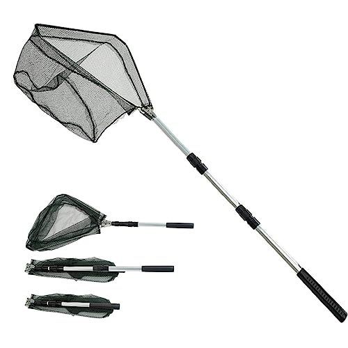 Fishing Kescher Angeln,Unterfangskescher Angelkescher 150cm,3 Sektionen Teleskop - Aluminiumlegierung - Gummiert - Langlebiges Nylongeflecht,mit Faltbare Fischernetz,für Erwachsene Kinder,Teich,See