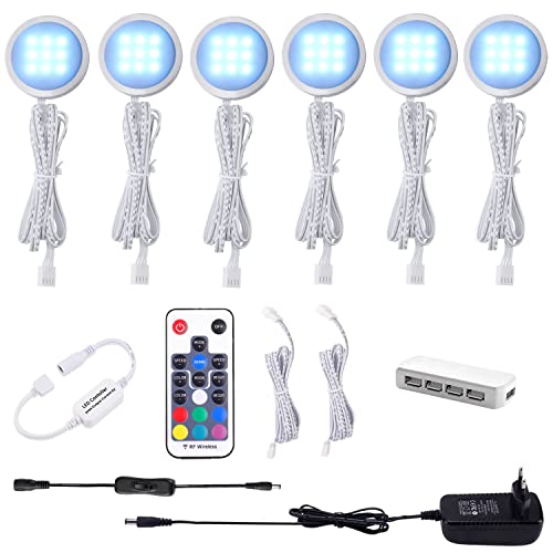 AIBOO RGB LED Schrankbeleuchtung 6er Set, 12V LED Unterbauleuchte Farbwechsel mit Fernbedienung, Dimmbar RGB Vitrinenbeleuchtung LED für die Beleuchtung von Küchenschränken