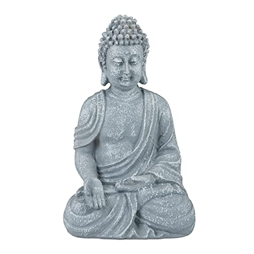 Relaxdays Buddha Figur sitzend 18cm, Dekofigur für Wohnzimmer, Bad und Garten, feuchtigkeitsresistent, Kunststein, grau