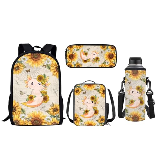 JEOCODY Rucksack Set mit Brotdose, Federmäppchen und Flaschenhalter, Sonnenblume Axolotl bedruckt