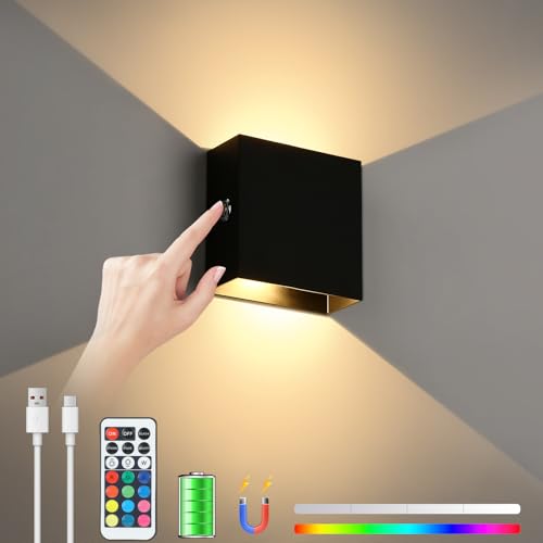 Lampop LED Wandleuchten Innen Batteriebetrieben Dimmbare Wandleuchte Aufladbar USB mit Touch Control Up Down Wandlampe Akku Alumm Wandleuchten für Schlafzimmer Wohnzimmer Fernbedienung RGB Schwarz