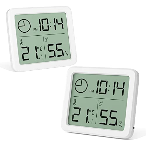 Gvolatee 2 stück Mini Digital Thermometer, Professionelles Tragbares Großbild Hygrometer mit Uhr, Genaues Weißes Zimmerthermometer, Raumthermometer für Zuhause, Babyzimmer, Büro, Gewächshaus