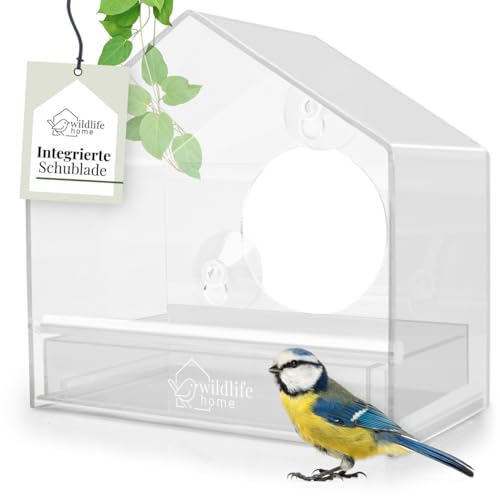 WILDLIFE HOME Fenster Futterhaus für Wildvögel I Transparent mit herausnehmbarer Futterkassette I Vogelhaus mit Saugnäpfen, Futterspender, Vogelfutterhaus für Wildvögel, Clever