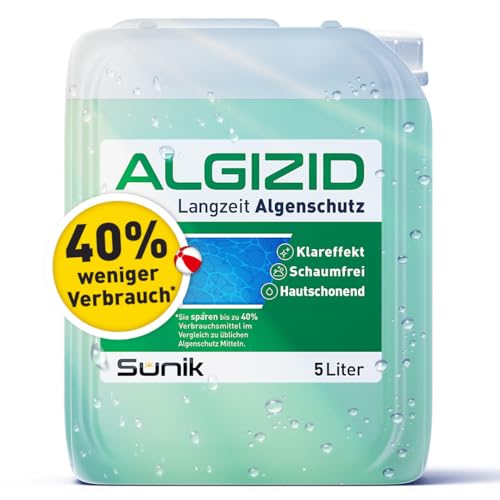 Sunik® Algizid für Pool 5L - vorbeugendes Pool Algenmittel schaumfrei mit Klareffekt für Algen im Whirlpool & Schwimmbad - Pool Algizid mit hoher Wirkstoffkonzentration - Algenvernichter Pool