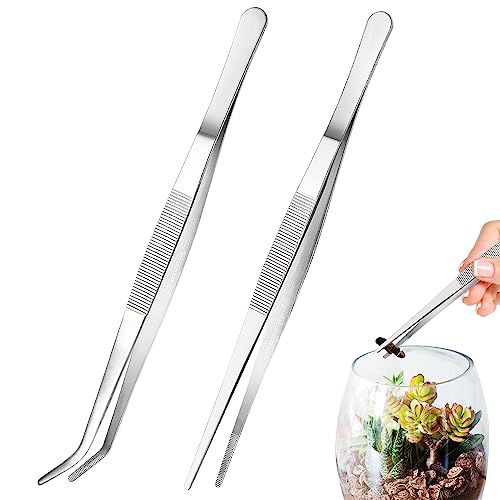 2 Stück Aquarium Pinzette Lang, Aquarium Werkzeug Set - Pinzette Gerade & Gebogene Pinzette 25 cm Pflanzenpinzette, Stumpfe Pinzette Edelstahl Futterzange Aquarium Aquascaping Set für Reinigung/Kochen