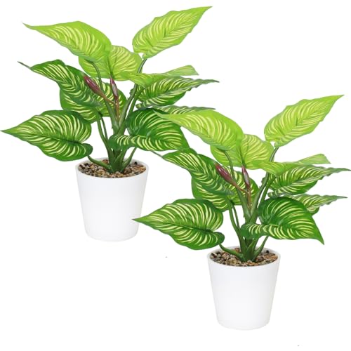 LOMOHOO 2er Set Kunstpflanze 28cm Künstliche Pflanzen Wie Echt Dekopflanzen Plastikpflanzen im Topf, Grünpflanzen Fake Plants für Innen Badezimmer Schlafzimmer Küchen Araußen