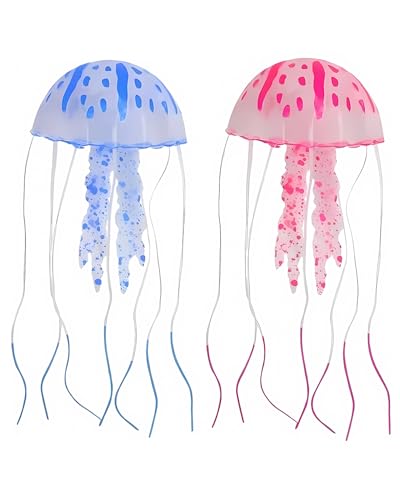 HSIXHAF 2 Pcs Aquarium Deko, Leuchtende Quallen, Aquarium Dekoration, Künstliche Quallen, Glühende Aqua Ornaments, Glühende Jellyfish Ornament Dekoration Für Aquarium Fisch Becken - rot/blau