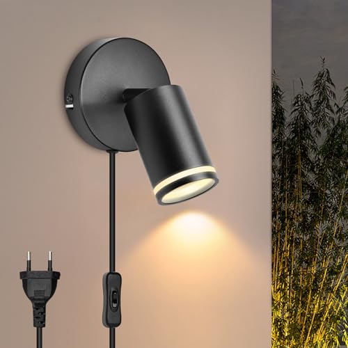 BOYIR Wandlampe mit Schalter Schwenkbar 350° - Wandleuchte Innen mit Stecker und Schalter Schwarz Wandstrahler GU10 Wandspot mit Kabel für Wohnzimmer Schlafzimmer, Küche, Korridor, Ohne Leuchtmittel