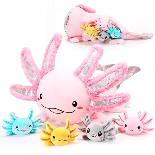 Aoriher 5 Stück Axolotl Plüschtiere Set 60 cm Mama Axolotl Stofftier mit 4 Süßen Plüsch Babys im Bauch Weiches Flauschiges Axolotl Kuscheltier für Jungen Mädchen Geburtstag Party Geschenk