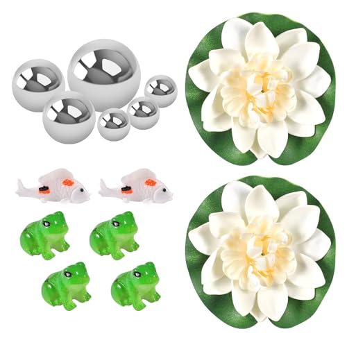 Mrracxy Klein Garten Teiche Deko Set - 4 Mini Frosch, 2 Koi Karpfen mit 6 Schwimmkugeln und 2 Schwimmend Lotusblüte als Gartendekoration für Miniteich