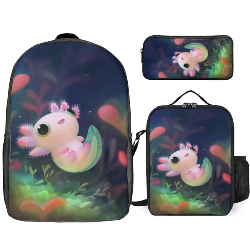 DEGDIOEI Axolotl Rucksack, Schulrucksack für Jungen, Teenager, Büchertasche, Reise, Kinderrucksack (43,2 cm Rucksack, Lunchtasche, Stiftebeutel-Set)