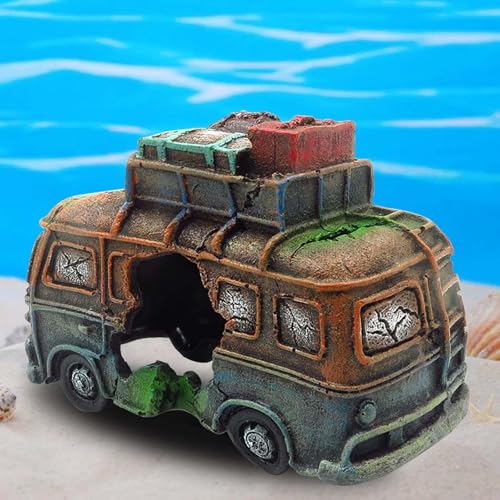 GBKDQQ Aquarium Deko, Aquarium Bus Dekoration, Aquarium Zubehör Deko, Polyresin Aquarium Ornament für Fish Tank, Garnelen Versteck für Aquarium (19x10x13cm)