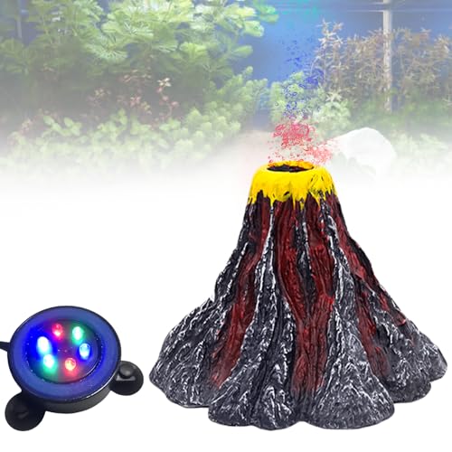 Leikurvo Aquarium Vulkan Ornament Kit, Aquarium Sprudler Stein Sauerstoff Pumpe Multi Farbe LED Licht Luftstein für Fische Aquarium Luft Stein Lichtpumpe Luftblase Stein Vulkan Lampe Aquarium Deko