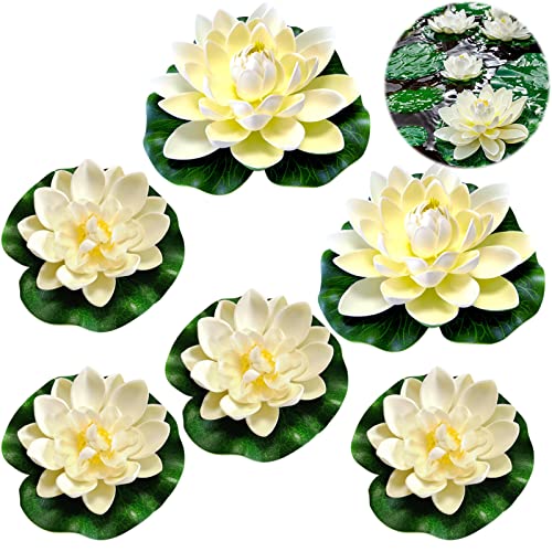 Qunkun 6 Stück Schwimmende Blumen, Künstliche Seerosen, schwimmend Lotusblüten, Lotusblüte Wasserlilie, Eva Lotus Flower Teich für Verwendet in Pools, Aquarien, Bachszenen (10cm×4+17cm×2)