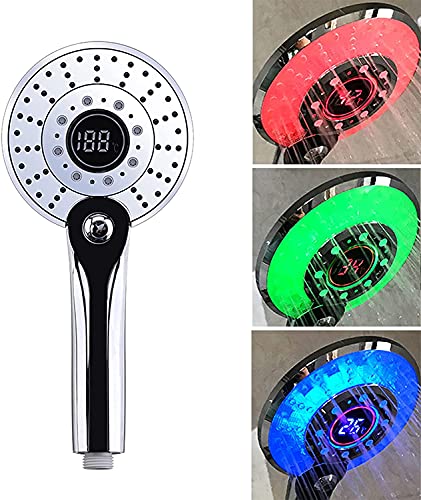 LED Duschkopf, Regendusche 3 Farben Farbwechsel Temperaturregelung, Handbrause mit Digital Temperaturanzeige, Gross, Wassersparend, Druckerhöhend Brausekopf, chrom