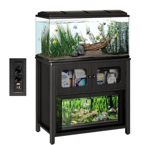 Aquarium Unterschrank, 50 Gal / 190 L Aquarium Unterschrank mit Ladesteckdose & Stauraum, 200 kg Tragkraft Aquarium Tisch für Terrarium, Anti-Kipp-Haken, 92x52x80.5 cm (Nur Kabinett)