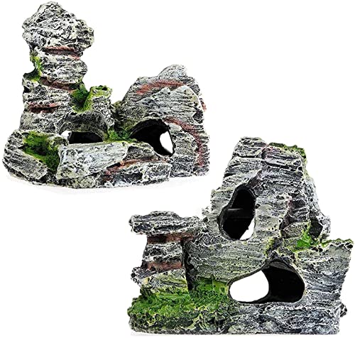 2pcs Aquarium Rock Cave Dekoration mit Grün Gras für Fische Garnelen Verstecken Aquarium Dekoration Harz Aquarium Zubehör,Aquarium Harz Höhle Mountain View， 11 x 9 x 11 cm, 10 x 5,5 x 10 cm.