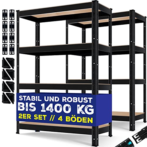 MASKO® 2er-Set Lagerregal Schwerlastregal, Kellerregal, 160 x 80 x 40 cm, bis 700kg belastbar, 4 verstellbare Ablagen, MDF-Platten Regal aus Metall, Steckregal, Werkstattregal, Keller, Garage Schwarz